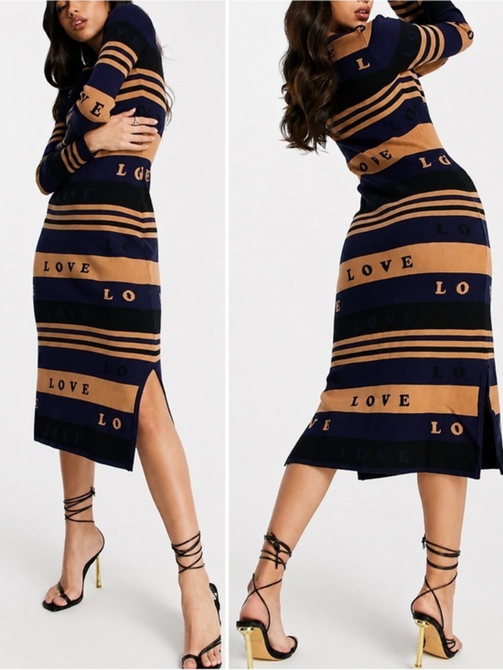 Never Fully Dressed True Love Knit Navy Stripe Side Slit Midi Dress